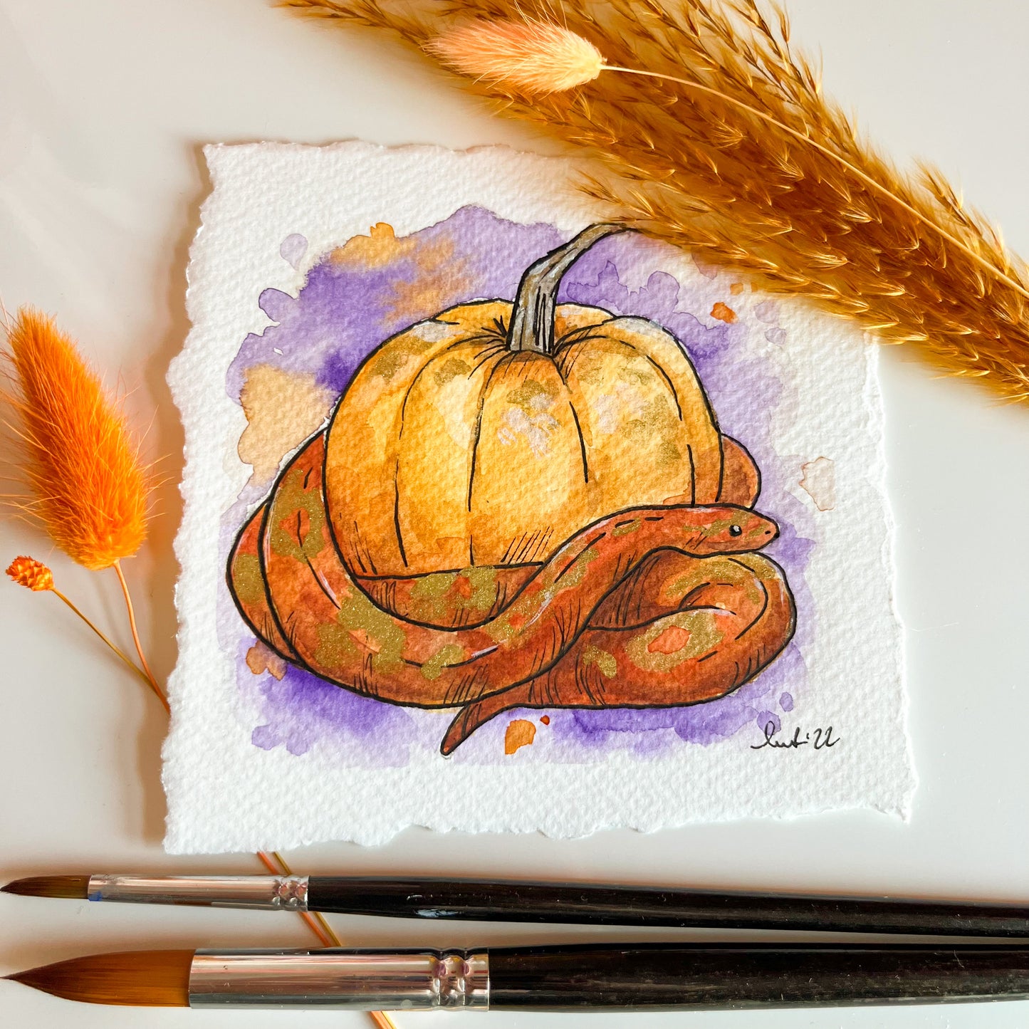 Snake and Pumpkin Watercolour Painting - Laurie